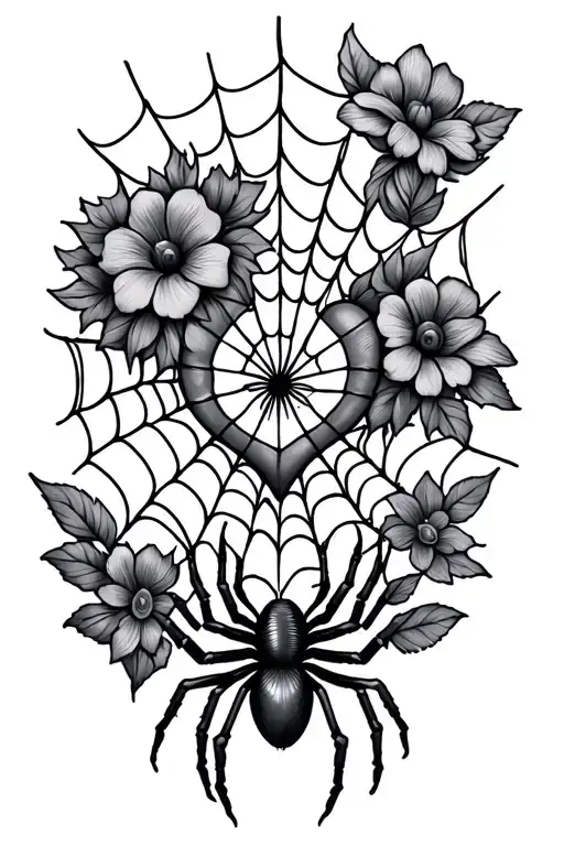 Spider Web With Heart And Spider With Flowers