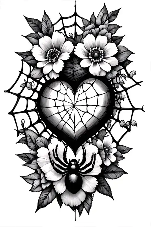 Spider Web With Heart And Spider With Flowers