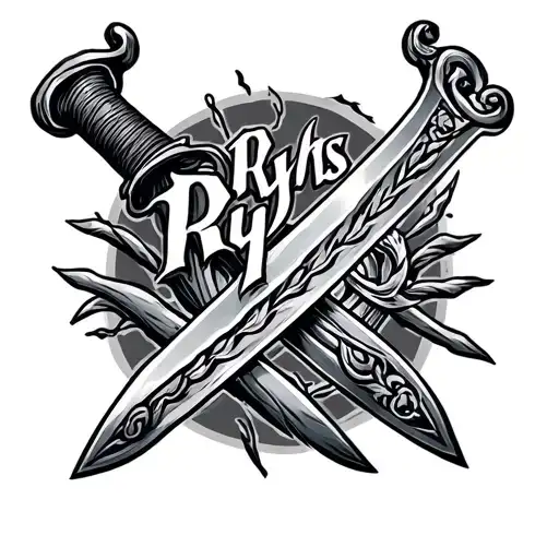 Traditional Sword Intertwined With The Name Rhys