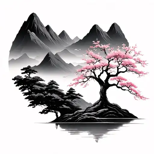 Bonzi Tree With Mountains And Cherry Blossom Tree