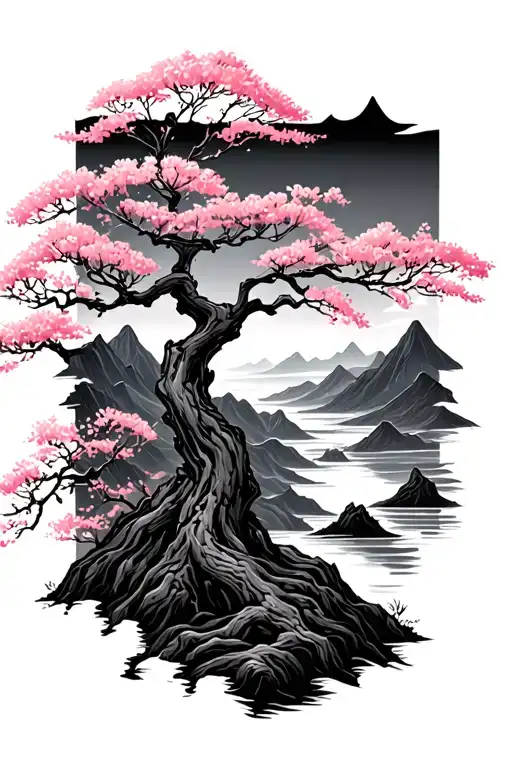 Bonzi Tree With Mountains And Cherry Blossom Tree