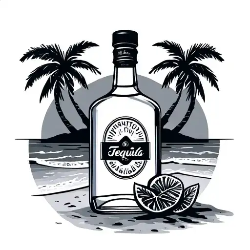 Tequila Bottle On The Beach With 3 Palm Trees Behind