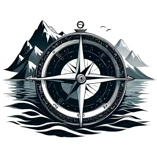 Minimal Compass With Oceans And Mountains