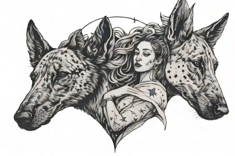 A Black-grey Portrait Of A Sagittarius Woman With A Dutch Shepherd In A Starry Night Sky Background