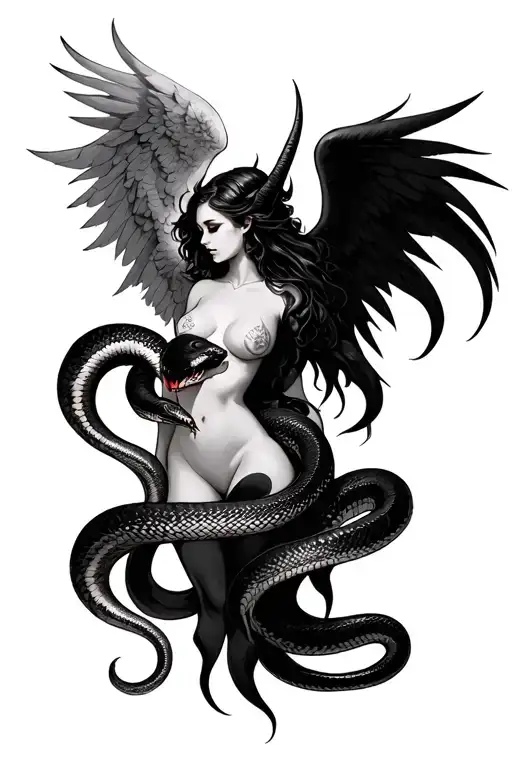 Feminine Tattoo Of Angel And Devil With Snake