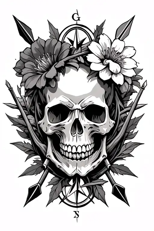 Thorns Skull With Flowers And Compass And Arrows