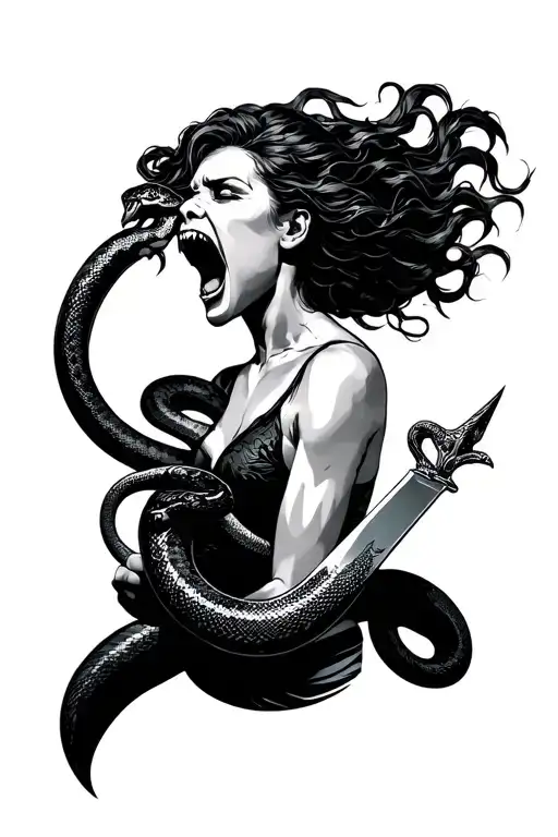 Screaming Woman With Snake For Hair Holding Dagger And Seen In Profile
