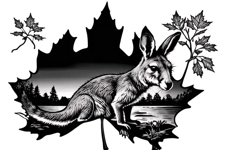 Within A Maple Leaf A Kangaroo In That Is In Front Of Australian Landscape All In The Leaf