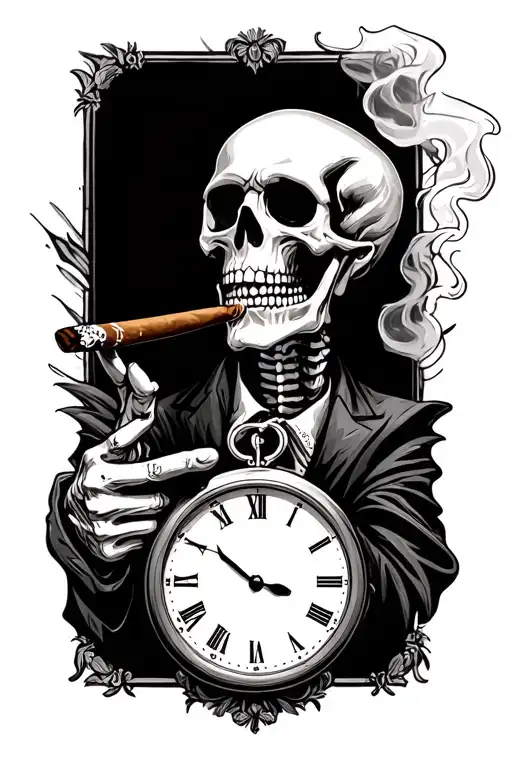 A Skeleton Smoking A Cigar Pointing At A Clock