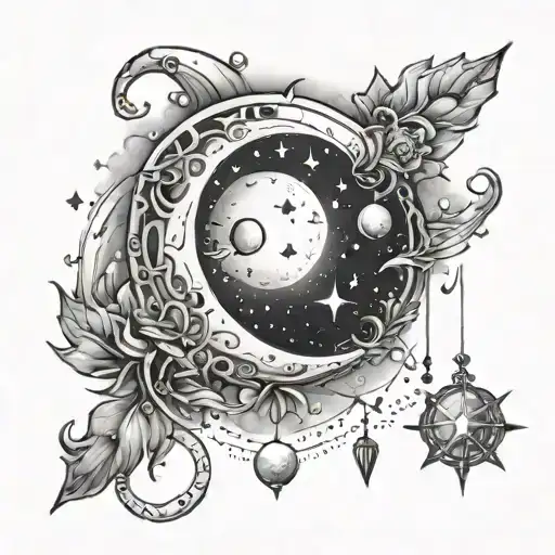 Crescent Moon Surrounded By Constellations And Pearls