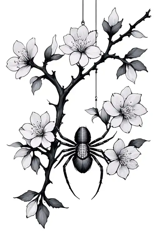 Cherry Blossom Flowers On Branches With A Spider Hanging Off
