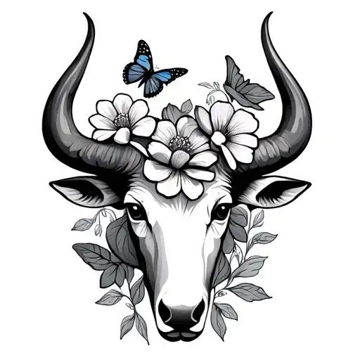 Taurus Symbol With Flowers And Butterflies