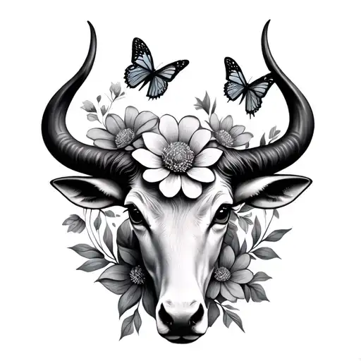 Taurus Symbol With Flowers And Butterflies