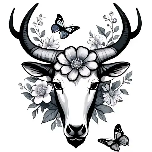 Taurus Symbol With Flowers And Butterflies