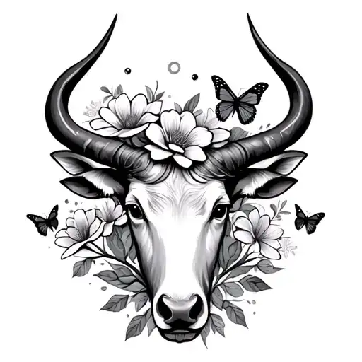 Taurus Zodiac Symbol With Flowers And Butterflies