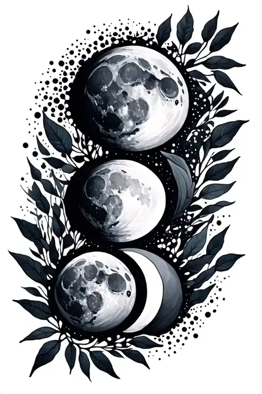 Moon Phases In A Line With Dots And Leaves