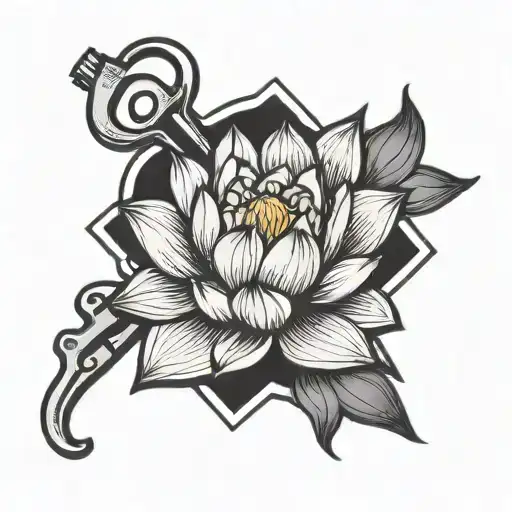 A Black And Grey Tattoo Of A Lotus Flower Intertwined With A Wrench
