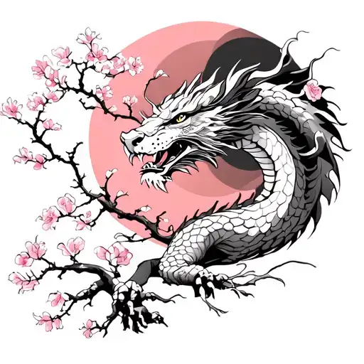 Cherry Blossom Tree With Leo Sun Dragon Bicep Sleeve