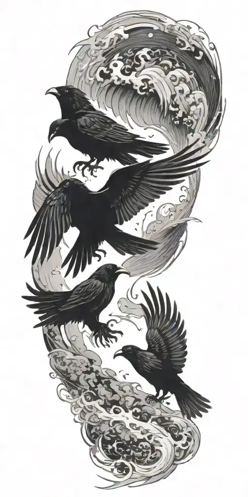 Black Crows Flying In Storm And Fire