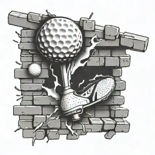 A Golf Ball Breaking Through A Brick Wall With Sports Equipment Flying Out Behind It