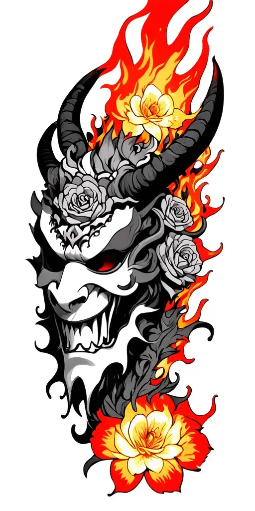 Flowers And Roses Oni Demon Mask With Fire