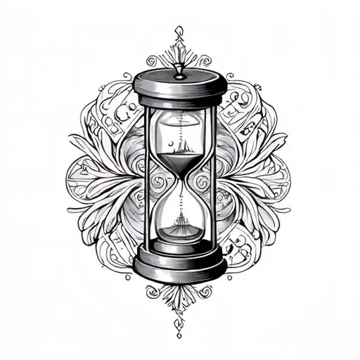 Tattoo With An Arabesque Hourglass With Symbols For Family And Travel Inside