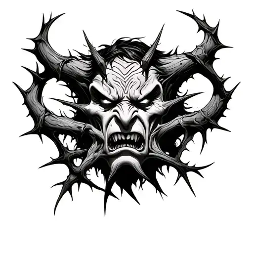 Demon Frown Behind Grids From Thorns