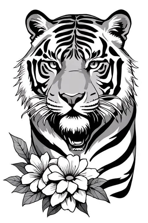 Body Tiger With Flowers Growing