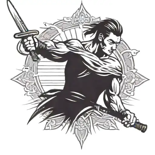 A Muscular Arm Holding A Sleek Katana Sword Stuck