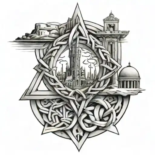 A Tattoo Design Of A Celtic Knot With Italian And Portuguese Landmarks Intertwined Within The Design
