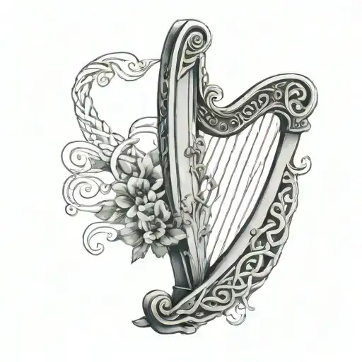 A Tattoo Featuring A Celtic Harp With Italian And Portuguese Patterns Weaving Through The Strings