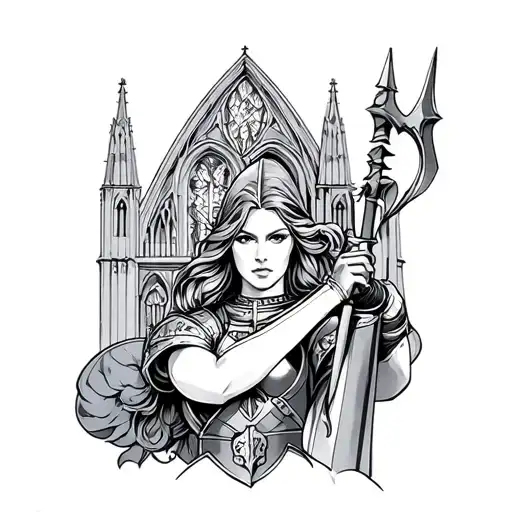 Female Knight Impaled On Pike With Cathedral As Background With Stained Glass