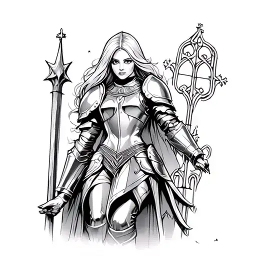 Fully Armored Female Knight Impaled On Spike With Cathedral As Background With Stained Glass