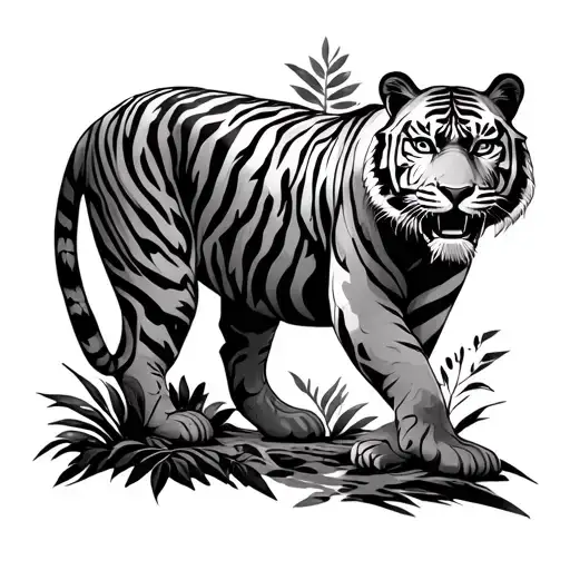 Tiger Walking Through Jungle Scene