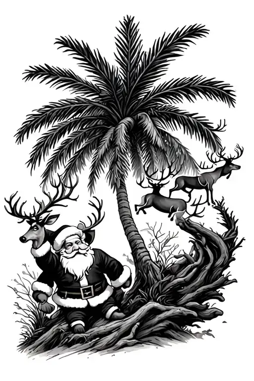 Santa Claus With Reindeers Flying Over A Palm Tree