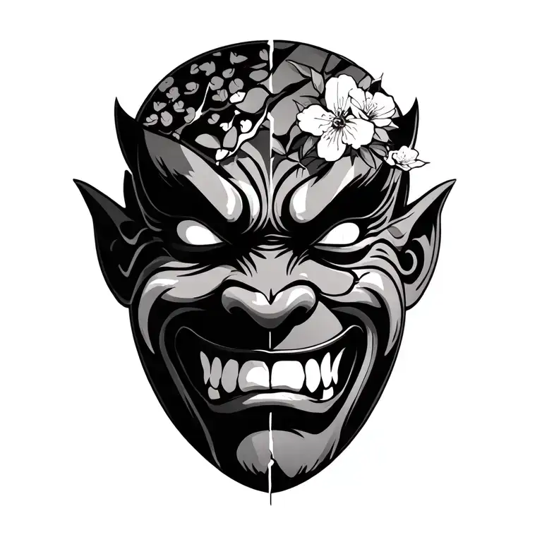 Broken Oni Mask With Cherry Blossoms Background Black