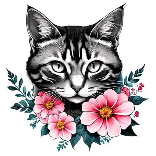 Cat And Flowers