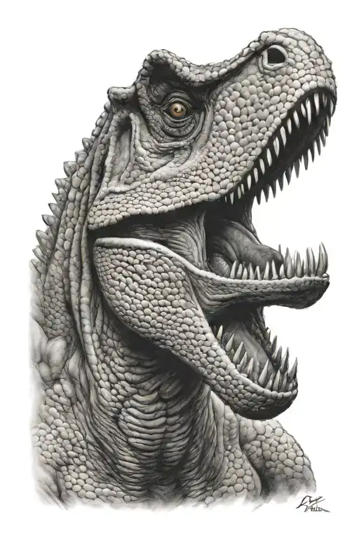 A Realistic Black-grey Portrait Of A T-rex
