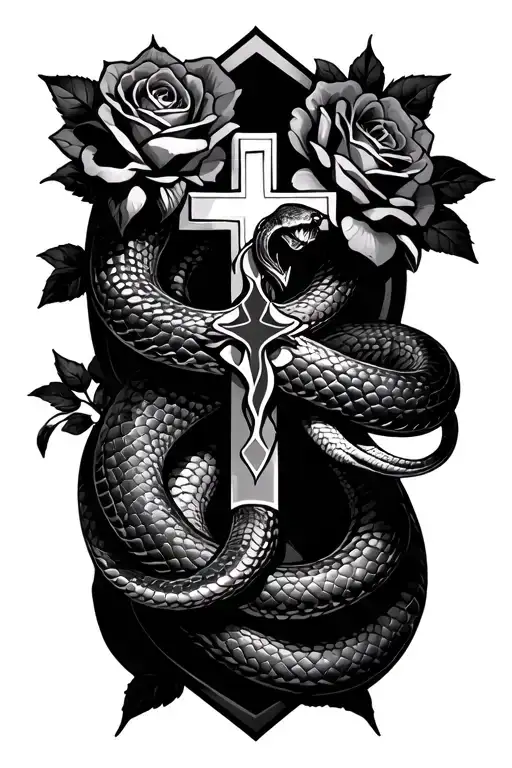 Snake And Roses And Cross Intertwined
