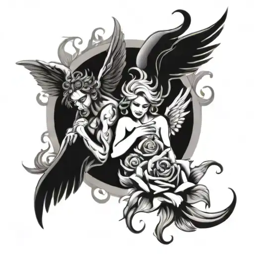 Angels And Demon With Flames And Roses