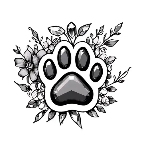 Dog Paw Print With Gem Stones And Flowers