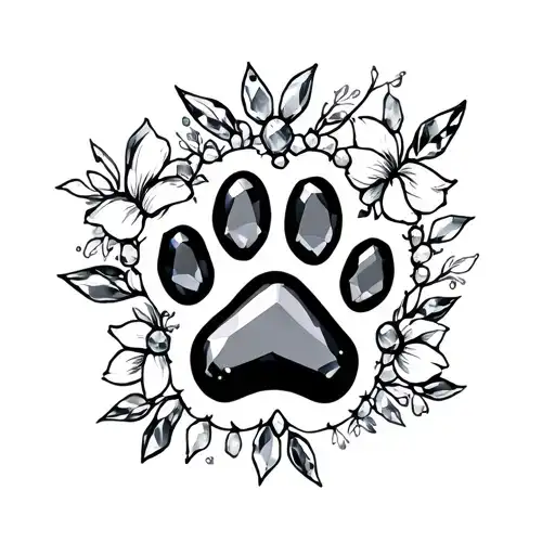 Dog Paw Print With Gem Stones And Flowers