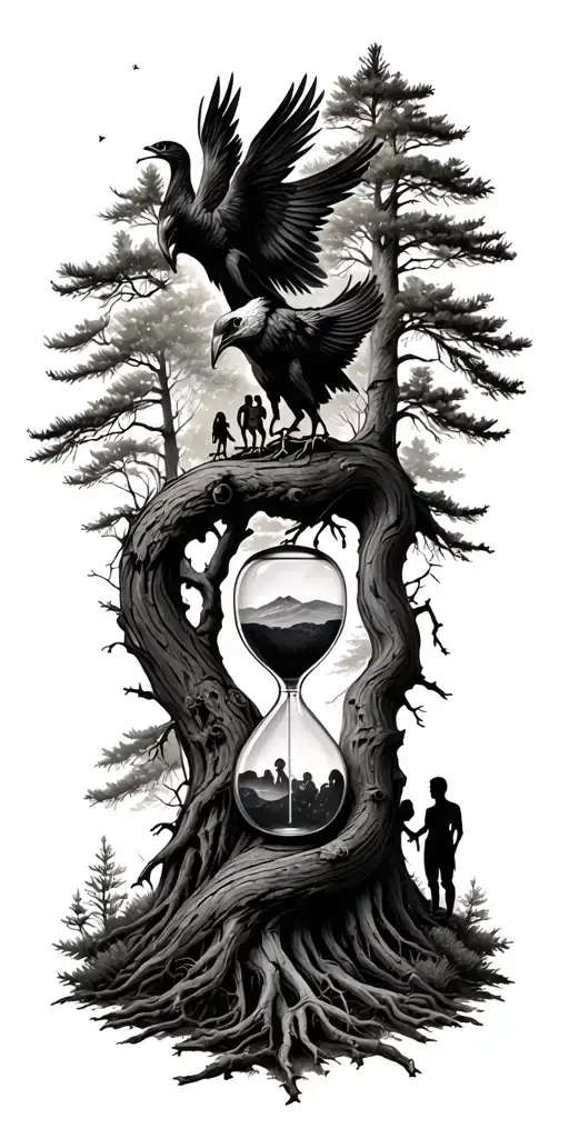 Pine Forest Wrap Around And Family Tree And Hour Glass Father With 2 Kids With Phoenix