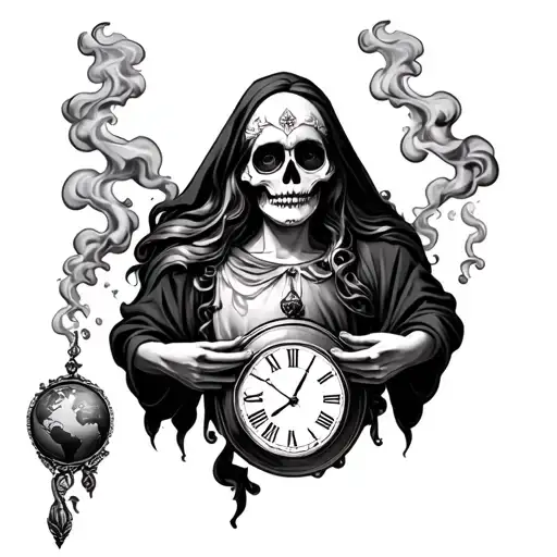 Santa Muerte Holding The World With Smoke And Clock