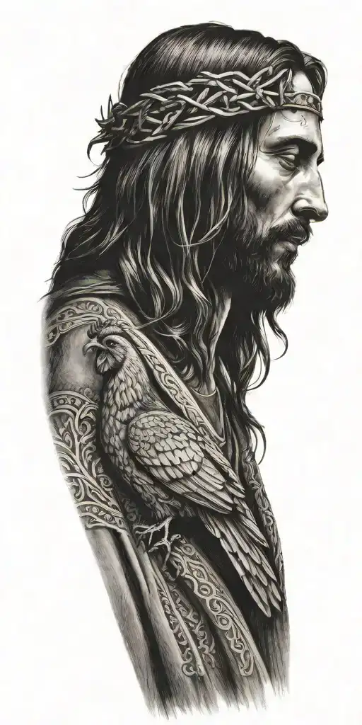 Jesus Christ Portrait Looking Down With A Hand Nailed To The Cross And A Rooster Head