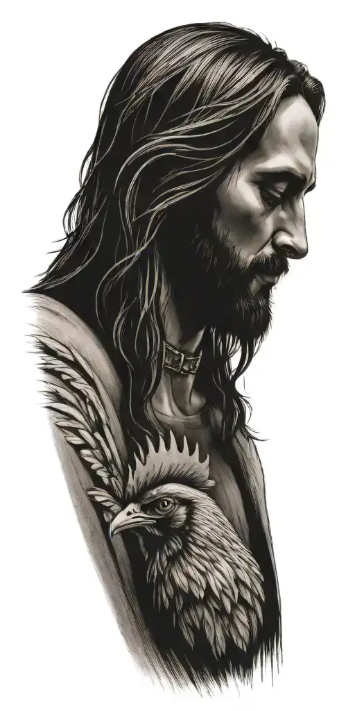 Jesus Christ Portrait Looking Down With A Hand Nailed To The Cross And A Rooster Head