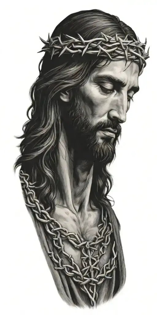 Realistic Jesus Christ Portrait Looking Down Wearing A Crown Of Thorns