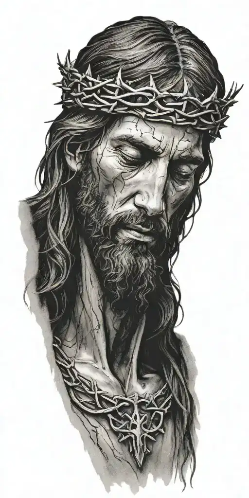 Realistic Jesus Christ Portrait In Pain Wearing A Crown Of Thorns