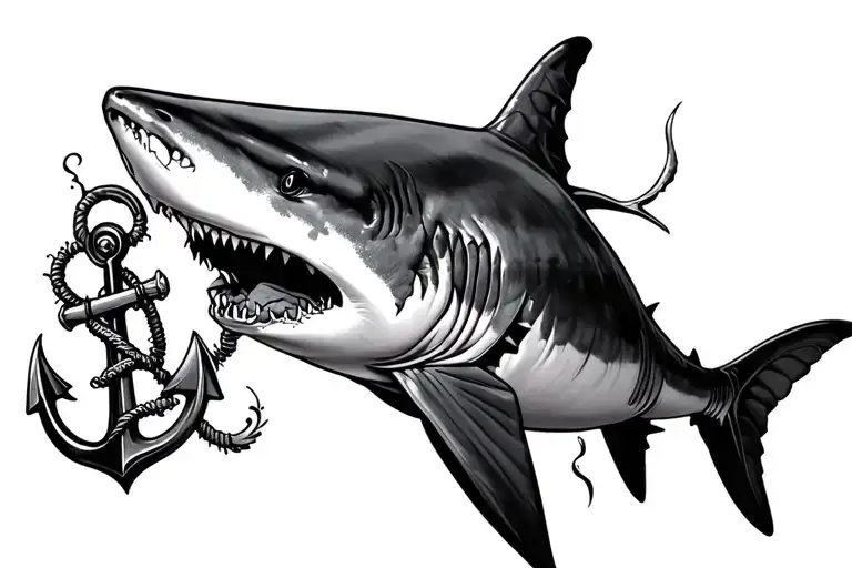 Shark With Exposed Rib Bones And Scars Swiming Next To An Anchor
