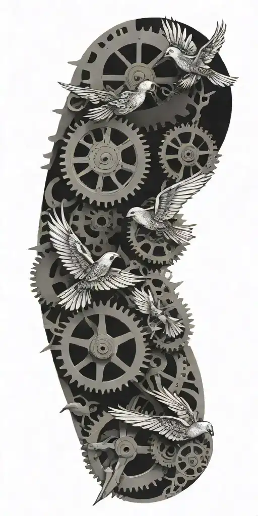 An Intricate Gear Mechanism Intertwining With A Flock Of Birds In Flight